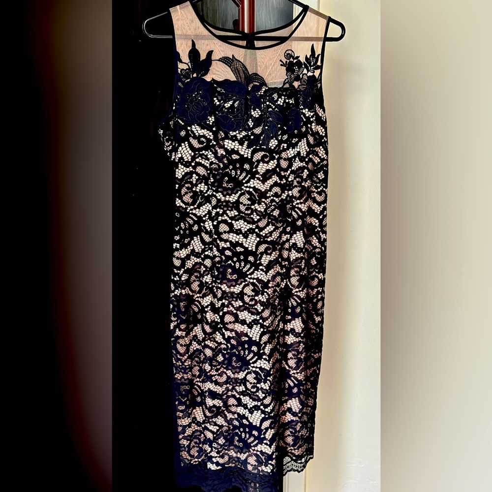 Black flower lace with see through mesh, Ivanka Trump dress, hits below knee.